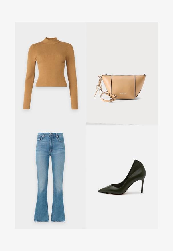 Haut col roulé côtelé de couleur brun chaud. Il dispose de manches longues, d'une coupe ajustée et d'une petite fermeture éclair au dos. Texture lisse.; Jean évasé bleu clair en denim, à taille haute, avec un design à cinq poches et des coutures minimalistes, présentant une finition délavée au niveau de l'ourlet.; Pompes à talons hauts en cuir vert avec un bout pointu et une silhouette épurée. Texture lisse et un talon aiguille élancé pour plus de hauteur.; Sac bandoulière Michael Kors en cuir camel avec une fermeture éclair, des bords noirs et une bandoulière amovible avec un pendentif logo.