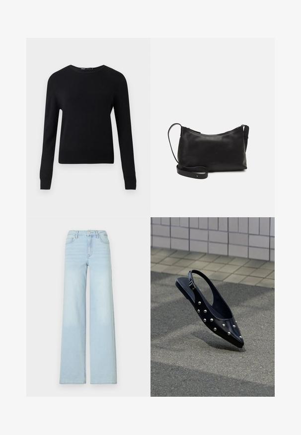 Sort langærmet rundhalset sweater med ribstrikkede manchetter og kant, vist mod en ensartet lysegrå baggrund.; Lyseblå bredbenede jeans lavet af denim med et klassisk fem-lomme design og en frontknaplukning. Har let falmning foran.; Sort spids slingback-sko med sølvnitter, der svæver over asfalt tæt på flisebelagt væg.; Sort læder skuldertaske med en glat tekstur, buet form, justerbar rem og lynlås. Minimalistisk design uden udsmykninger.