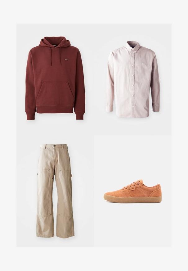 Sudadera marrón de felpa suave con un bolsillo tipo canguro, puños y dobladillo acanalados, y una pequeña etiqueta con logo en el pecho.; Camisa de manga larga rosa claro, de botón, hecha de algodón, con un collar clásico, botones frontales y un pequeño logo en el lado izquierdo del pecho.; Pantalones de pierna ancha beige, confeccionados en un resistente tejido de algodón. Cuenta con bolsillos delanteros y laterales, costuras visibles y acentos de metal en los bolsillos.; Zapatillas de gamuza marrón con una superficie texturizada, punta redonda y suela de goma. Presentan un diseño con cordones y acentos cosidos en los laterales.