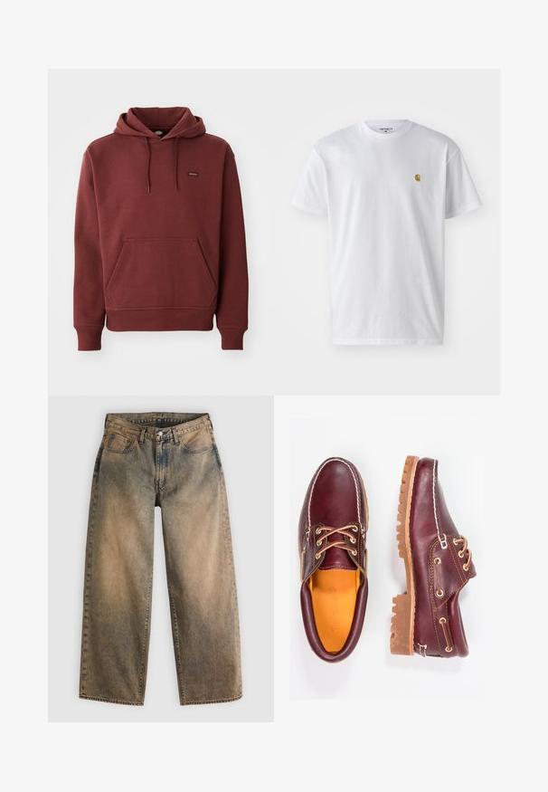 Sudadera marrón de felpa suave con un bolsillo tipo canguro, puños y dobladillo acanalados, y una pequeña etiqueta con logo en el pecho.; Camiseta de algodón blanca con mangas cortas, cuello redondo, que presenta un pequeño logo dorado en la parte izquierda del pecho. Textura suave y corte regular.; Jeans de mezclilla de pierna ancha en color marrón desgastado con un lavado claro. Presentan un diseño tradicional de cinco bolsillos y detalles de costuras visibles.; Zapatos de cuero burdeos con suelas de goma marrón, puntera redonda, costuras blancas y ojales dorados. El interior cuenta con un forro amarillo.