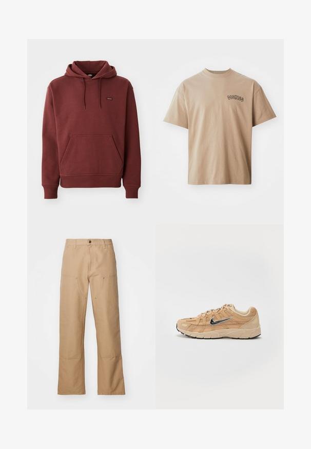 Sudadera marrón de felpa suave con un bolsillo tipo canguro, puños y dobladillo acanalados, y una pequeña etiqueta con logo en el pecho.; Camiseta de algodón beige con mangas cortas y cuello redondo. Presenta "DICKIES" impreso en negro en el pecho izquierdo. Corte clásico y textura suave.; Pantalones de pierna ancha beige hechos de lona, con bolsillos frontales, detalles en dorado y un diseño de frente plano.; Zapatilla deportiva beige con materiales de malla y ante, silueta curva, suela negra, prominente logo plateado de Nike en el lateral y acentos texturizados.
