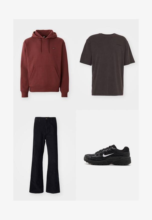 Sudadera marrón de felpa suave con un bolsillo tipo canguro, puños y dobladillo acanalados, y una pequeña etiqueta con logo en el pecho.; Camiseta de algodón gris oscuro con cuello redondo, mangas cortas y un detalle de logo en la parte superior izquierda. Textura suave con un ajuste relajado.; Pantalones de algodón negros acampanados con una cinturilla tradicional, un solo botón frontal y bolsillos a los lados y en la parte posterior. Textura suave.; Zapatillas deportivas negras con parte superior de malla texturizada y suela de goma. Iconico logo de swoosh blanco en el lado, con diseño de cordones.