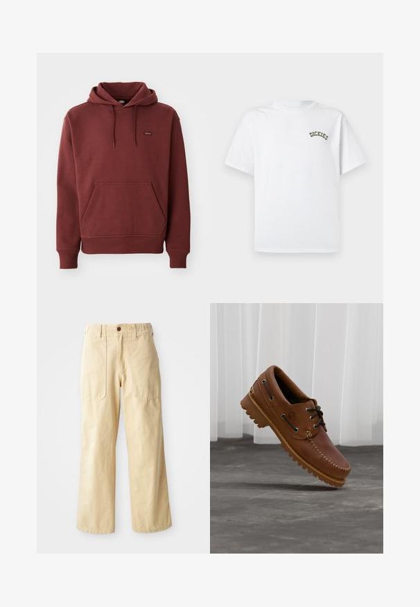 Sudadera marrón de felpa suave con un bolsillo tipo canguro, puños y dobladillo acanalados, y una pequeña etiqueta con logo en el pecho.; Camiseta blanca de algodón con mangas cortas y cuello redondo. Presenta el logo "DICKIES" bordado en verde en el lado izquierdo del pecho.; Pantalones de pierna ancha beige de algodón. Cuentan con una cintura alta, dos bolsillos frontales de diseño plano y un cierre de un botón.; Zapato náutico de cuero marrón con cordones negros, costuras beige y una suela resistente, suspendido sobre un suelo de hormigón gris.