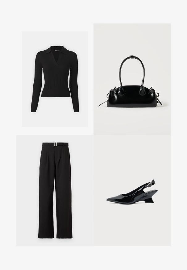 Pull en polo noir à rayures, à manches longues et col en V. Dispose d'un tissu en maille texturé et d'une silhouette ajustée pour une apparence épurée.; Pantalons larges taille haute noirs avec passants de ceinture et une boucle rectangulaire en argent sur fond blanc.; Chaussure slingback en cuir verni noir avec bout pointu et petit talon bloc incliné sur fond clair uni.; Petit sac à main noir brillant avec deux longues anses et des détails à cordon sur les côtés sur un fond clair uni.