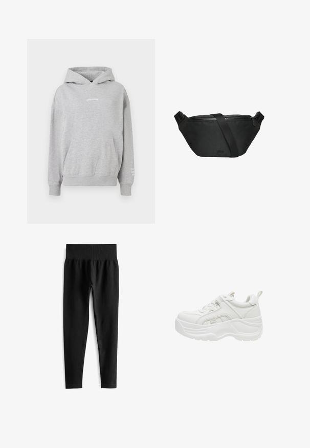 Grijze katoenen hoodie met een kangoeroezak, geribde manchetten en de tekst "PEGADOR" op de borst met extra tekst op de mouw.; Zwarte geribde leggings met een brede elastische tailleband, met een aansluitende pasvorm en een gladde textuur. Geen zichtbare hardware of patronen.; Witte chunky sneaker met dikke zool, veters aan de voorkant, gevoerde kraag en trekriem aan de hiel.; s.Oliver Schoudertas - schwarz