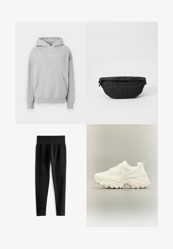 Grijze katoenen hoodie met een kangoeroezak, geribde manchetten en de tekst "PEGADOR" op de borst met extra tekst op de mouw.; Zwarte geribde leggings met een brede elastische tailleband, met een aansluitende pasvorm en een gladde textuur. Geen zichtbare hardware of patronen.; Witte chunky sneaker met dikke textuurrijke zool, mesh panelen, veters aan de voorkant en een treklipje aan de hiel op een neutrale achtergrond.; Zwarte, gewatteerde tas met een zachte, gewatteerde textuur en een hoekig ruitpatroon, met een gebogen silhouet en ritssluiting.