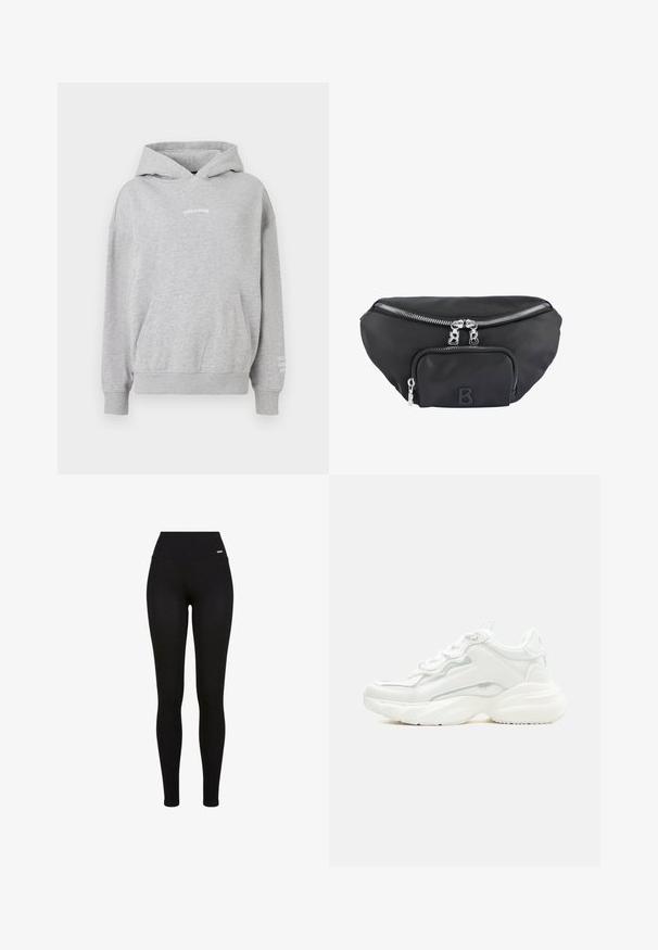 Grijze katoenen hoodie met een kangoeroezak, geribde manchetten en de tekst "PEGADOR" op de borst met extra tekst op de mouw.; Zwarte leggings met een hoge tailleband, rekbaar materiaal, een soepele textuur en een pasvorm die geschikt is voor casual of sportieve kleding.; Witte chunky sneaker met dikke zool, veters aan de voorkant en een glad bovenwerk van synthetisch materiaal met subtiele stikdetails.; Zwarte nylon heuprugzak met een hoofdvak met rits en een voorvak, voorzien van zilveren ritsen en een verhoogd logo met de letter "B".