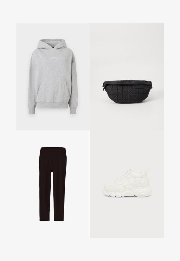 Grå bomulds-hoodie med kengurulomme, ribbede manchetter og "PEGADOR" tekst på brystet med yderligere tekst på ærmet.; Sorte, højtaljede leggings i ankellængde med en bred linning, vist mod en hvid baggrund.; Hvide chunky sneakers med stjerneformede mønstre og tyk tekstureret sål, set fra ydersiden på en ensfarvet baggrund.; Sort quiltet taske med en blød, polstret tekstur og et vinkelret diamantmønster, med en buet silhuet og lynlåslukning.