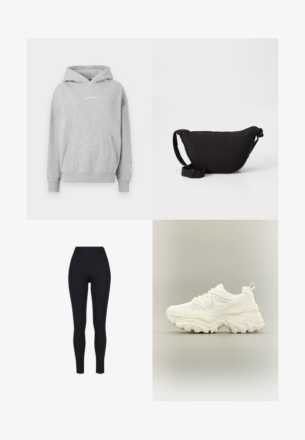 Grå bomulds-hoodie med kengurulomme, ribbede manchetter og "PEGADOR" tekst på brystet med yderligere tekst på ærmet.; Sorte højtaljerede leggings, lavet af strækbart stof, med en glat tekstur og en tætsiddende design uden synlige sømme eller mønstre.; Hvid chunky sneaker med tyk tekstureret sål, mesh paneler, snørelukning foran og trækstrop ved hælen på en neutral baggrund.; Sort hobo taske lavet af blødt stof, med en buet form, lynlåslukning og en bred justerbar rem. Glat tekstur uden mønstre.
