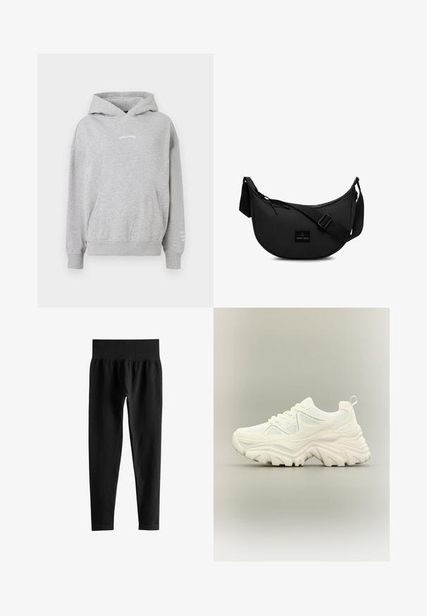 Grijze katoenen hoodie met een kangoeroezak, geribde manchetten en de tekst "PEGADOR" op de borst met extra tekst op de mouw.; Zwarte geribde leggings met hoge taille, brede elastische tailleband en volledige smalle pijpen op een witte achtergrond.; Witte chunky sneaker met dikke textuurrijke zool, mesh panelen, veters aan de voorkant en een treklipje aan de hiel op een neutrale achtergrond.; Zwarte schoudertas van duurzaam materiaal, met een ronde vorm, een verstelbare schouderriem en een logo-opdruk aan de voorkant.
