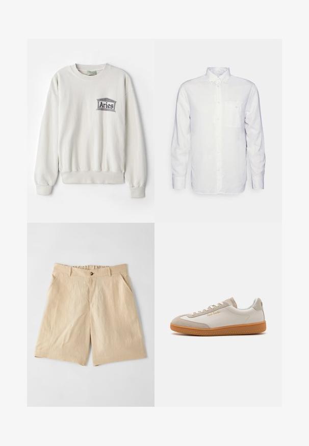 Sweatshirt de couleur crème en tissu doux, avec un col rond et des poignets côtelés. Il arbore un logo "Aries" imprimé en gris.; Chemise blanche à manches longues en coton, avec un col à rabat, une poche avant et une coupe régulière. Tissu texturé avec une surface lisse.; Paul Smith Short - sand; Baskets basses blanches et beiges avec semelle en caoutchouc, lacets blancs, détails en daim et logo doré "Paul Smith" sur le côté.