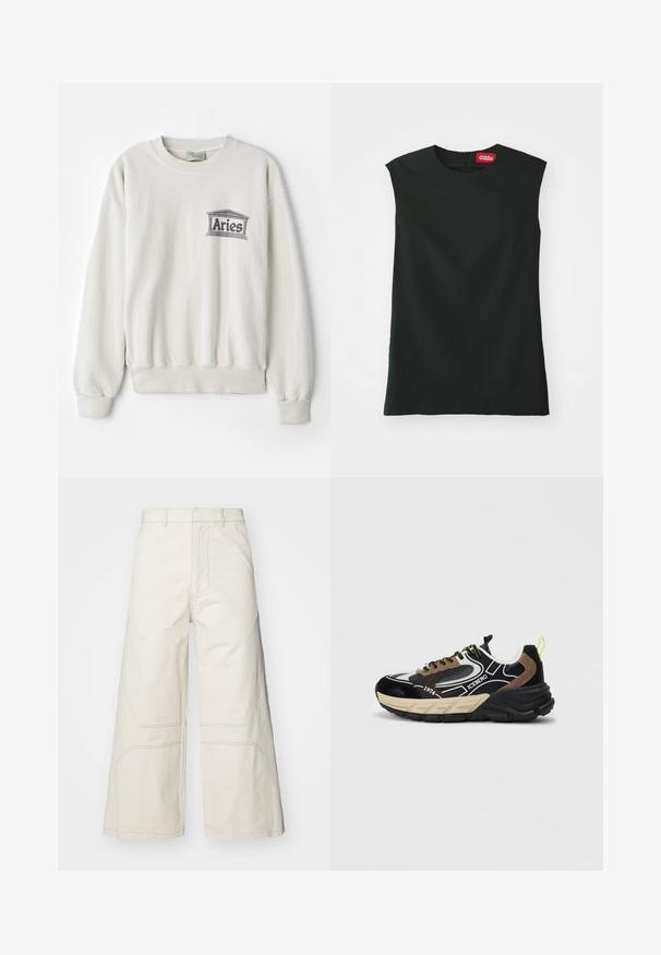 Cremefarbener Sweatshirt aus weichem Stoff, mit rundem Halsausschnitt und gerippten Bündchen. Es verfügt über ein graues, gedrucktes "Aries"-Logo.; Schwarzes, ärmelloses Oberteil mit rundem Ausschnitt, glattem Stoff und einem Reißverschluss im Rücken. Es hat ein kleines rotes Etikett mit dem "032c"-Logo am Hals.; A-COLD-WALL* FORMAT PANT - Stoffhose - beige bone; Schwarze, beige und braune klobige Sneaker mit gelben Akzenten, Wabenstruktur, "ICEBERG"-Branding und "1974"-Text an der Seite.