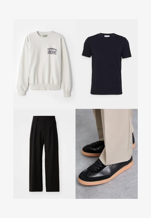 Cremefarbener Sweatshirt aus weichem Stoff, mit rundem Halsausschnitt und gerippten Bündchen. Es verfügt über ein graues, gedrucktes "Aries"-Logo.; Schwarzes T-Shirt mit kurzen Ärmeln und Rundhalsausschnitt, mit einem kleinen weißen Etikett auf der Innenseite des Kragens.; Schwarze weit geschnittene Hose mit glatter Textur, zwei vorderen Falten, einem Knopfverschluss und seitlichen Taschen. Strapazierfähiger Stoff.; Paul Smith COMO - Sneaker low - black