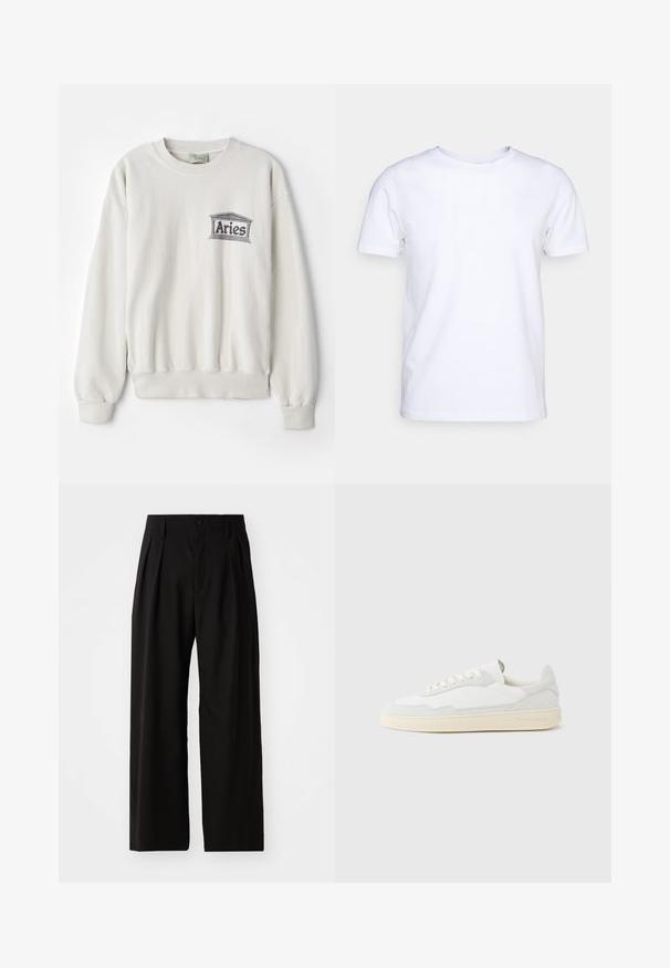 Cremefarbener Sweatshirt aus weichem Stoff, mit rundem Halsausschnitt und gerippten Bündchen. Es verfügt über ein graues, gedrucktes "Aries"-Logo.; Weißes T-Shirt mit kurzen Ärmeln aus Baumwollstoff und rundem Halsausschnitt. Schlichtes Design ohne Muster oder Akzente. Glatte Textur.; Schwarze weit geschnittene Hose mit glatter Textur, zwei vorderen Falten, einem Knopfverschluss und seitlichen Taschen. Strapazierfähiger Stoff.; Weißer Sneaker mit strukturiertem Obermaterial aus Wildleder und Leder. Verfügt über eine runde Zehenpartie, Schnürverschluss und eine kontrastierende beige Gummisohle.