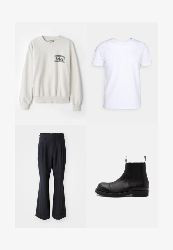 Cremefarbener Sweatshirt aus weichem Stoff, mit rundem Halsausschnitt und gerippten Bündchen. Es verfügt über ein graues, gedrucktes "Aries"-Logo.; Weißes T-Shirt mit kurzen Ärmeln aus Baumwollstoff und rundem Halsausschnitt. Schlichtes Design ohne Muster oder Akzente. Glatte Textur.; Schwarze, maßgeschneiderte Hosen mit lockerer Passform, gefaltetem Vorderteil und weitem Bein. Mit einem umgeschlagenen Saum und glattem Stoffgefühl.; Schwarzer Chelsea-Boot aus Leder mit abgerundeter Spitze, elastischen Seiteneinsätzen, Zugschlaufen vorn und hinten, flacher Sohle, seitlich auf weißem Hintergrund abgebildet.