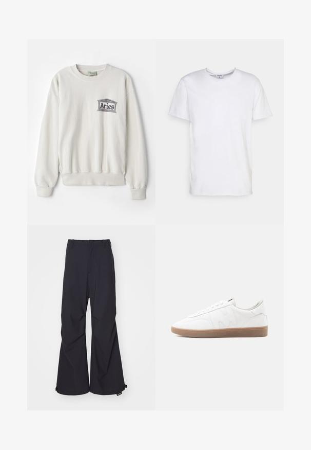 Cremefarvet sweatshirt lavet af blødt stof, med en rund halsudskæring og ribbede manchetter. Den har et trykt "Aries" logo i grå.; Hvid kortærmet t-shirt lavet af bomuld. Har en rund halsudskæring og en afslappet pasform uden synlige mønstre eller detaljer.; Marineblå, brede bukser lavet af glat stof, med to forlommer og snoretræk ved kanten. Renset, skræddersyet design uden udsmykning.; Hvid lav sneaker med gummisål i naturfarve, syninger og snørebånd på neutral baggrund.