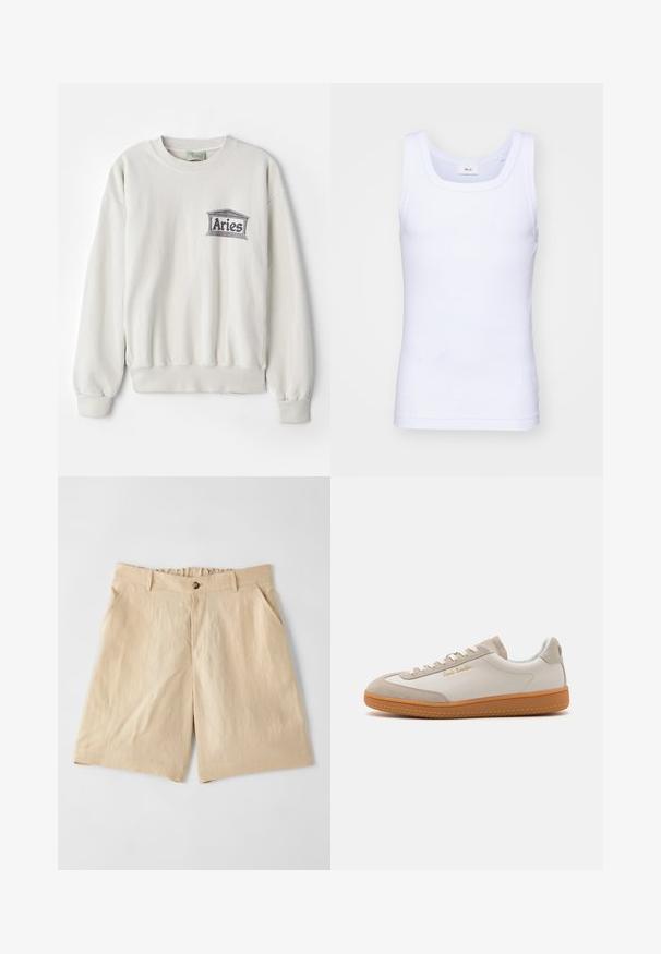 Crème-kleurig sweatshirt van zachte stof, met een ronde halslijn en geribde manchetten. Het heeft een gedrukt 'Aries' logo in het grijs.; Witte katoenen mouwloze tanktop met een ronde halslijn, met een gladde textuur en een aansluitende pasvorm, ontworpen voor casual gebruik.; Paul Smith Shorts - sand; Witte en beige lage sneakers met een gumrubberen zool, witte veters, suède details en een gouden "Paul Smith" logo aan de zijkant.