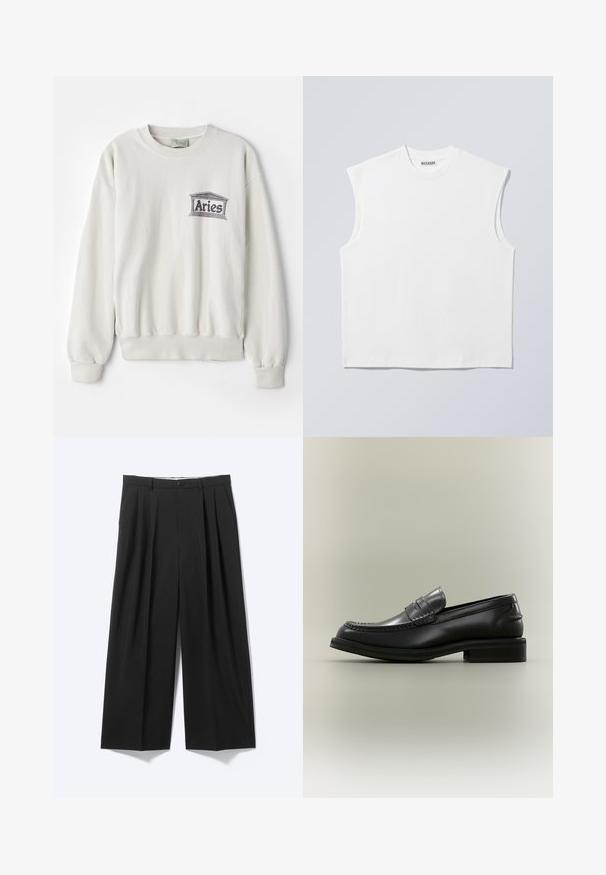 Sweatshirt de couleur crème en tissu doux, avec un col rond et des poignets côtelés. Il arbore un logo "Aries" imprimé en gris.; Haut blanc sans manches en coton à col rond avec épaules structurées, marqué "WEEKDAY" sur l'étiquette du col, présenté sur un fond gris clair.; Pantalon noir à jambes larges avec plis sur le devant, passants pour ceinture et fermeture à bouton, présenté sur un fond clair uni.; Mocassin penny en cuir noir avec un détail cousu et un petit talon empilé présenté sur un fond clair uni.
