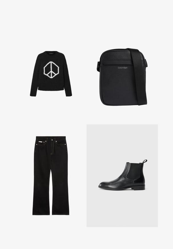 Pull en tricot noir avec un motif de signe de paix blanc, col rond, manches longues et détails usés sur le tissu.; Jean noir droit avec coutures orange, cinq poches, fermeture par bouton, et une petite étiquette Calvin Klein sur la poche avant droite.; Bottine en cuir noir avec des panneaux latéraux élastiques, bout rond et tirette. Texture lisse, semelle plate, design minimaliste.; Sac bandoulière noir Calvin Klein avec surface texturée et bandoulière réglable.