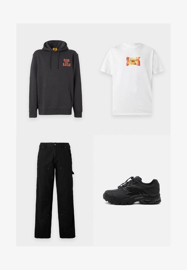 Grauer Hoodie mit einer Kängurutasche, Kapuze mit Kordelzug und orangefarbigem "RIDE THE RAILS"-Text auf der Brust. Weicher Stoff mit glatter Textur.; Weißes Kurzarm-T-Shirt mit einer kleinen bunten Grafik eines Snackpakets mit fettem Text und grünen Erbsen in der Mitte der Brust.; Schwarze Cargo-Hosen aus strapazierfähigem Stoff mit mehreren Taschen, lockerer Passform, sichtbaren Nähten und Druckknopfdetails.; Schwarzer athletischer Sneaker mit strukturiertem Stoff, dicker gepolsterter Sohle, Luftauslässen und Schnürverschluss, von der Seite auf hellem Hintergrund gezeigt.