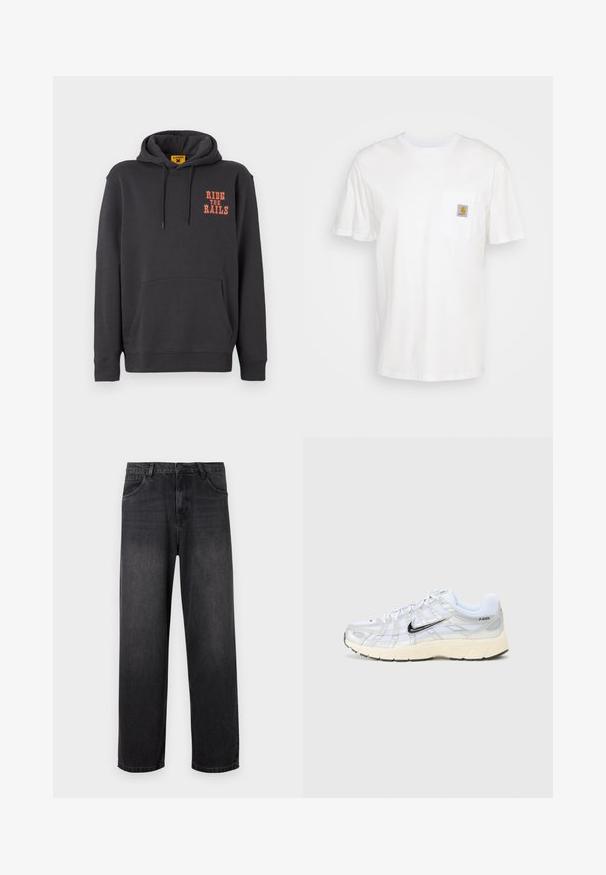 Grauer Hoodie mit einer Kängurutasche, Kapuze mit Kordelzug und orangefarbigem "RIDE THE RAILS"-Text auf der Brust. Weicher Stoff mit glatter Textur.; Weißes Baumwoll-T-Shirt mit kurzen Ärmeln, einer Brusttasche und einem kleinen quadratischen Logopatch in Orange und Weiß auf der Tasche.; Dunkelgraue Denim-Jeans mit geradem Bein, ausgestattet mit einem Reißverschluss, fünf Taschen und subtilen Verblassungen auf dem Stoff.; Weiße Netzsneakers mit silbernen Akzenten, schwarzem Nike-Swoosh, gepolstertem Kragen und strukturiertem Sohlen. Sie weisen ein geschichtetes Design für Stabilität auf.