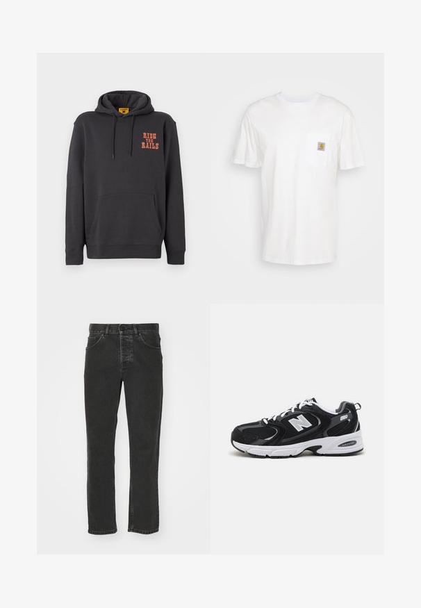 Grauer Hoodie mit einer Kängurutasche, Kapuze mit Kordelzug und orangefarbigem "RIDE THE RAILS"-Text auf der Brust. Weicher Stoff mit glatter Textur.; Weißes Baumwoll-T-Shirt mit kurzen Ärmeln, einer Brusttasche und einem kleinen quadratischen Logopatch in Orange und Weiß auf der Tasche.; Schwarze Jeans aus Denim mit geradem Bein, klassischem Fünf-Taschen-Design, Knopfverschluss und verblasster Optik. Angenehme Textur, keine sichtbaren Muster.; Schwarze und graue Sportschuhe mit Obermaterial aus Mesh und Wildleder, ausgestattet mit einer weißen Zwischensohle, Schnürsenkeln und einem markanten "N"-Logo an der Seite.