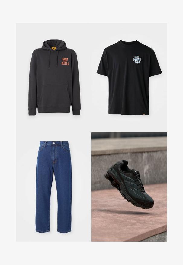 Sweat à capuche gris avec une poche kangourou, un cordon de serrage, et le texte orange "RIDE THE RAILS" sur la poitrine. Tissu doux avec une texture lisse.; T-shirt en coton noir avec un logo rond sur la poitrine. Manches courtes et col rond avec une coupe droite au bas.; Jeans en denim taille haute de couleur bleue, avec une coupe droite, des coutures visibles et une fermeture à bouton à l'avant.; Baskets athlétiques noires avec une semelle intercalaire à coussin d’air visible flottant au-dessus d’une surface en pierre rose avec un mur en pierre gris en arrière-plan.