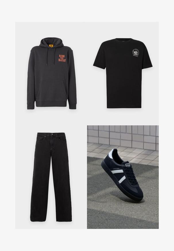 Grå hættetrøje med kængurulomme, snørehætte og orange "RIDE THE RAILS" tekst på brystet. Blødt stof med en glat tekstur.; Sort bomulds t-shirt med korte ærmer, der har et lille grafisk design på venstre brystområde. Standard rund hals og afslappet pasform.; Sorte denimjeans med lige ben, fem lommer og knaplukning. Teksturstof og minimalistisk æstetik.; Sort lædersneaker med hvide striber, tekstureret gummisål og snørrebånd foran. Har et brandet mærke på tungen.