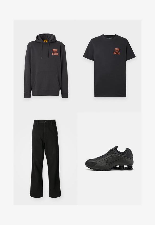 Grauer Hoodie mit einer Kängurutasche, Kapuze mit Kordelzug und orangefarbigem "RIDE THE RAILS"-Text auf der Brust. Weicher Stoff mit glatter Textur.; Schwarzes Baumwoll-T-Shirt mit Rundhalsausschnitt und kurzen Ärmeln, auf der Brust mit orangefarbener Aufschrift "RIDE THE RAILS" bedruckt.; Schwarze gerade Jeans mit Knopfverschluss, Gürtelschlaufen und Fronttaschen auf einem schlichten weißen Hintergrund.; Schwarze Laufschuhe mit einem glatten synthetischen Obermaterial, durchbrochenen Akzenten, strukturierten Seitenpaneelen und einer ausgeprägten federnden Sohle.