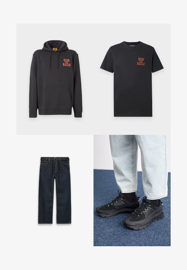 Grijze hoodie met een kangoeroezak, een capuchon met trekkoord en oranje "RIDE THE RAILS" tekst op de borst. Zacht materiaal met een gladde textuur.; Zwart katoenen T-shirt met een ronde hals en korte mouwen, met oranje tekst "RIDE THE RAILS" op de borst gedrukt.; Donkerblauwe denim spijkerbroek met rechte pijpen, riemlussen en een zwarte riem, met voorzakken en zichtbare stiksels op een witte achtergrond.; Zwarte sportschoenen met gestructureerde stof en rubberen zolen, met elastische veters en een blauwe accent op de hiel. Draag samen met lichte spijkerbroeken.