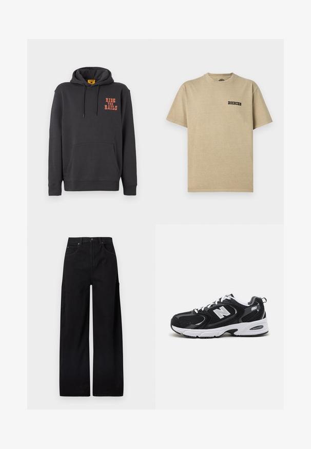 Grauer Hoodie mit einer Kängurutasche, Kapuze mit Kordelzug und orangefarbigem "RIDE THE RAILS"-Text auf der Brust. Weicher Stoff mit glatter Textur.; Beiges Baumwoll-T-Shirt mit rundem Ausschnitt und kurzen Ärmeln. Auf der linken Brust befindet sich ein schwarzes "DICKIES"-Logo. Glatte Textur.; Schwarze, weit geschnittene Hosen aus Baumwoll-Denim mit hohem Taillenbund, zwei Vordertaschen und einer seitlichen Cargo-Tasche für zusätzlichen Nutzen.; Schwarze und graue Sportschuhe mit Obermaterial aus Mesh und Wildleder, ausgestattet mit einer weißen Zwischensohle, Schnürsenkeln und einem markanten "N"-Logo an der Seite.