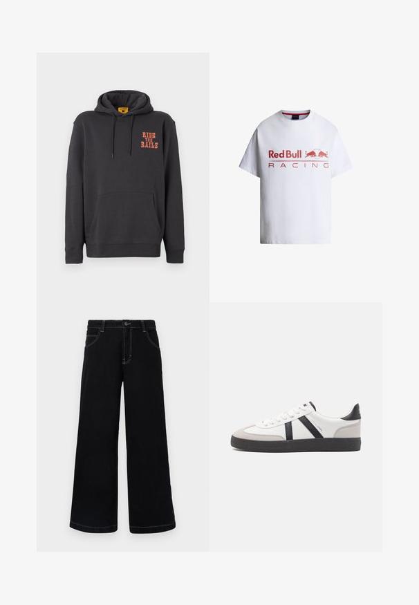 Grauer Hoodie mit einer Kängurutasche, Kapuze mit Kordelzug und orangefarbigem "RIDE THE RAILS"-Text auf der Brust. Weicher Stoff mit glatter Textur.; Weißes T-Shirt mit kurzen Ärmeln mit rotem "Red Bull Racing" Text und zwei roten Stieren, die sich auf dem vorderen runden Logo gegenüberstehen.; Schwarze weit geschnittene Jeanshose aus Denim, mit Knopfverschluss, fünf Taschen und kontrastierendem weißen Nähten entlang der Nähte.; Weiße Sneaker mit schwarz- und grau-aczenten, ausgestattet mit einer strukturierten grauen Zehenkappe, schwarzer Gummi-Sohle und flachen weißen Schnürsenkeln. Sauberes Design, minimalistische Stil.