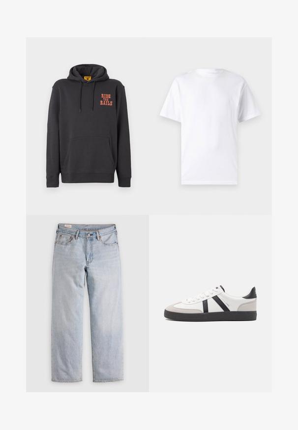 Grijze hoodie met een kangoeroezak, een capuchon met trekkoord en oranje "RIDE THE RAILS" tekst op de borst. Zacht materiaal met een gladde textuur.; Witte T-shirt met korte mouwen, gemaakt van katoen, met een ronde hals. Het heeft een gladde textuur en een eenvoudig ontwerp zonder patronen of accenten.; Lichtblauwe rechte jeans met een hoge taille, knoopsluiting en voor- en achterzakken, gepresenteerd op een vlakke ondergrond.; Witte sneaker met zwarte en grijze accenten, voorzien van een grijze neus met textuur, zwarte rubberen zool en platte witte veters. Schoon ontwerp, minimalistische stijl.