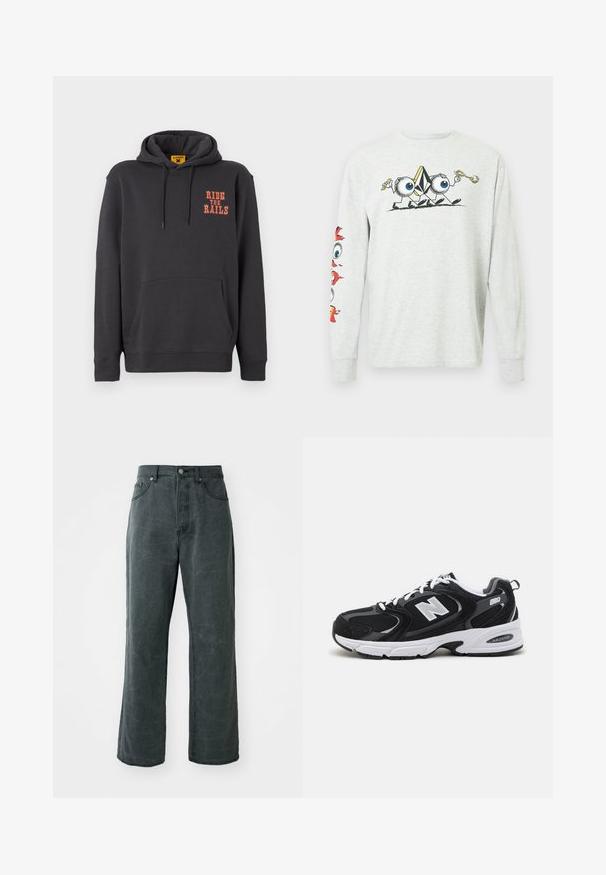 Sweat à capuche gris avec une poche kangourou, un cordon de serrage, et le texte orange "RIDE THE RAILS" sur la poitrine. Tissu doux avec une texture lisse.; T-shirt en coton gris à manches longues présentant un graphisme central de personnages de dessin animé avec de grands yeux, et des motifs colorés sur les deux manches.; Jean en denim gris foncé à jambes larges, doté d'une taille haute, d'un design à cinq poches et d'une texture légèrement délavée.; Baskets de sport noires et grises avec un tige en mesh et en suède, présentant une semelle intermédiaire blanche, des lacets et un logo "N" audacieux sur le côté.