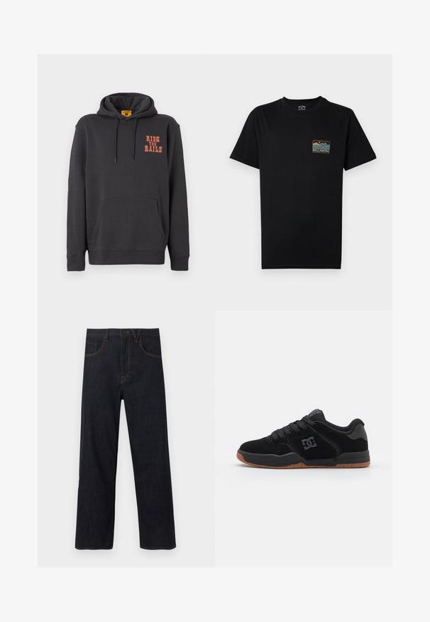 Grå hættetrøje med kængurulomme, snørehætte og orange "RIDE THE RAILS" tekst på brystet. Blødt stof med en glat tekstur.; Sort T-shirt med korte ærmer med en lille flerfarvet grafik af bjerge og hav samt teksten "BILLABONG Adventure division" på venstre bryst.; Mørkeblå jeans med lige ben, lukkes foran med knapper og lynlås, med lommer og orange kontrastsyninger.; Sorte ruskind sneakers med gummisåler, prydet med et sort logo på siden og sorte snørebånd. Rund tå og lavt design.