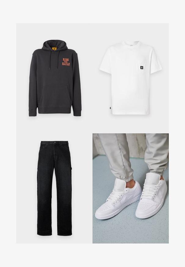 Grauer Hoodie mit einer Kängurutasche, Kapuze mit Kordelzug und orangefarbigem "RIDE THE RAILS"-Text auf der Brust. Weicher Stoff mit glatter Textur.; Weißes Baumwoll-T-Shirt mit Rundhalsausschnitt, kurzen Ärmeln und einer Brusttasche mit schwarzem Logo-Patch. Glatte Textur, lockere Passform.; Schwarze Denim-Jeans mit geradem Bein, ausgestattet mit Fronttaschen, Knopfschluss und seitlichen Taschen für zusätzlichen Stauraum.; Weiße Ledersneaker mit perforierter Zehenbox, flachen Schnürsenkeln, gepolstertem Kragen und dem Jordan-Logo auf der Zunge. Getragen mit grauen Jogginghosen.