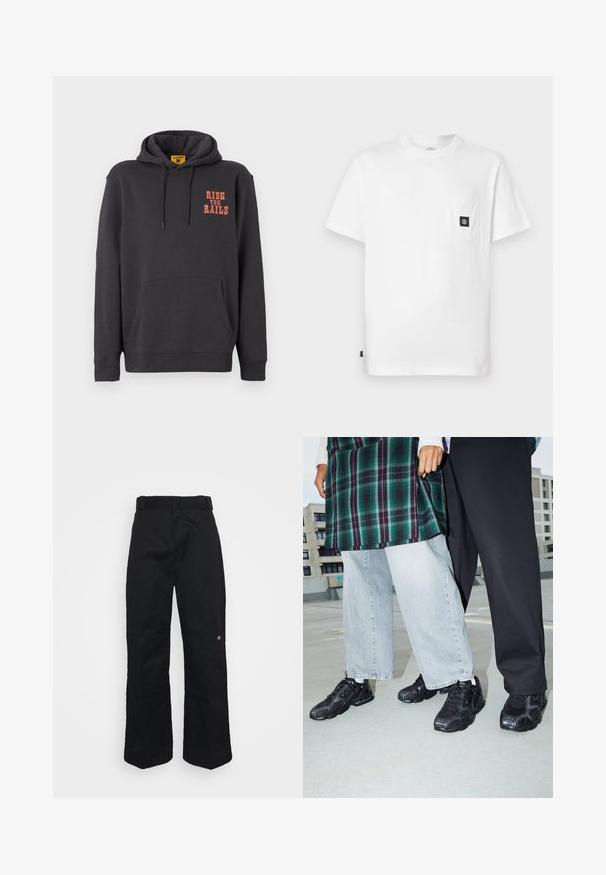 Grijze hoodie met een kangoeroezak, een capuchon met trekkoord en oranje "RIDE THE RAILS" tekst op de borst. Zacht materiaal met een gladde textuur.; Witte katoenen T-shirt met een ronde hals, korte mouwen en een borstzakje met een zwarte logo-patch. Gladde textuur, losse pasvorm.; Zwarte broek gemaakt van stevig stof, met een rechte pijpvorm, riemlussen en een klein logo aan de onderzijde.; Zwarte sportieve schoenen met mesh- en rubberaccenten. Draagt een lichtgrijze wijde spijkerbroek en een groen geruit shirt. Effen achtergrond.
