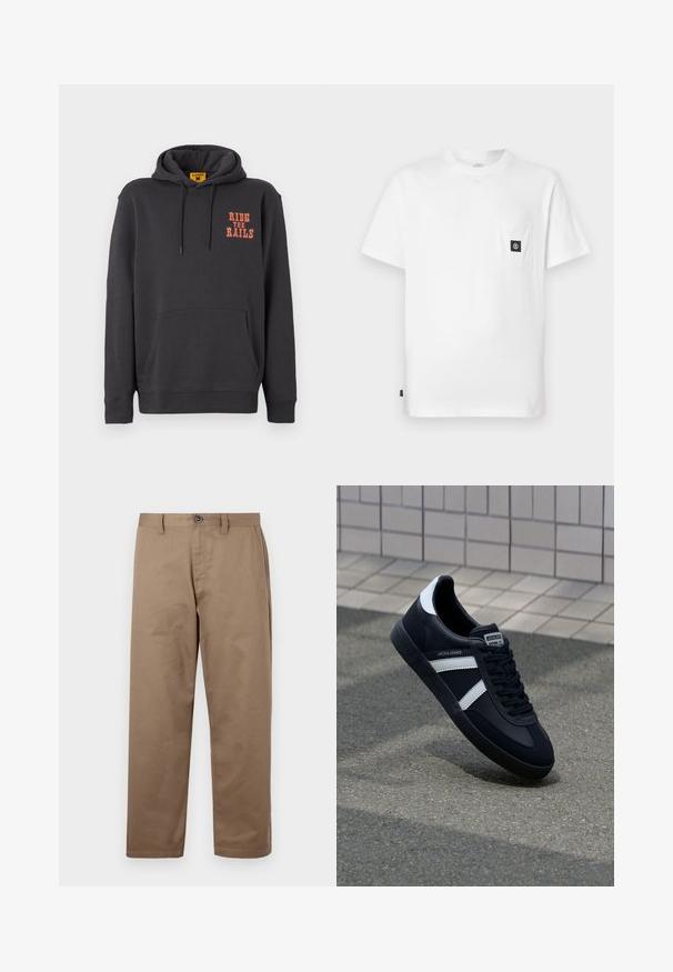 Grauer Hoodie mit einer Kängurutasche, Kapuze mit Kordelzug und orangefarbigem "RIDE THE RAILS"-Text auf der Brust. Weicher Stoff mit glatter Textur.; Weißes Baumwoll-T-Shirt mit Rundhalsausschnitt, kurzen Ärmeln und einer Brusttasche mit schwarzem Logo-Patch. Glatte Textur, lockere Passform.; Braune Baumwollhosen mit geradem Schnitt, ausgestattet mit einem Knopfverschluss, Seitentaschen und einer glatten Textur. Keine sichtbaren Muster oder Akzente.; Schwarze Leder-Sneaker mit weißen Streifen, strukturiertem Gummisohle und Schnürung. Verfügt über ein Markenetikett auf der Zunge.