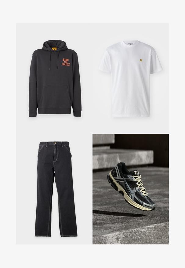 Grijze hoodie met een kangoeroezak, een capuchon met trekkoord en oranje "RIDE THE RAILS" tekst op de borst. Zacht materiaal met een gladde textuur.; Witte katoenen t-shirt met korte mouwen en ronde hals, voorzien van een klein gouden logo op de linkerkant van de borst. Zachte textuur en een normale pasvorm.; Zwarte jeans met rechte pijpen, voorzakken, riemlussen en zichtbare witte stiksels op een effen lichtgrijze achtergrond.; Zwart-grijze Nike hardloopschoen met crèmekleurige veters die boven een gestructureerd betonnen oppervlak zweeft.