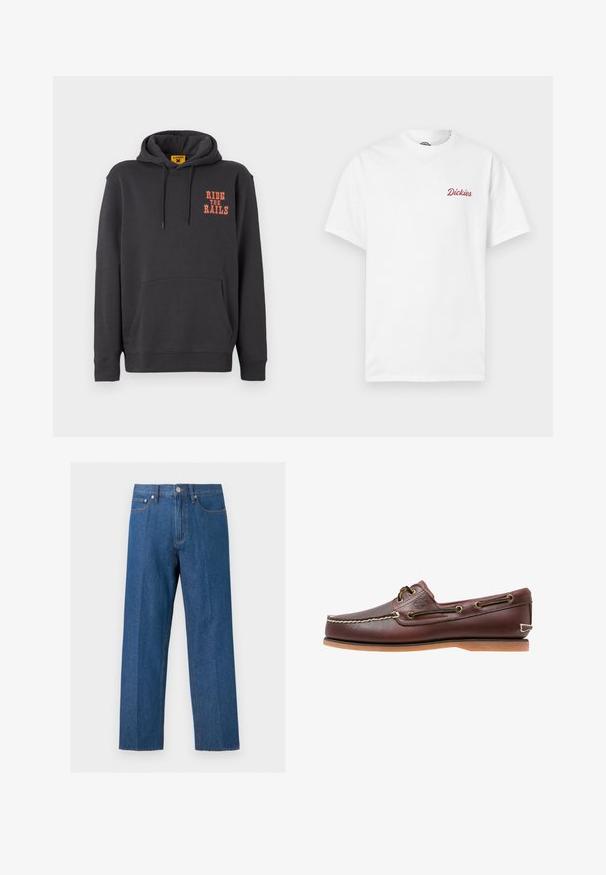 Grijze hoodie met een kangoeroezak, een capuchon met trekkoord en oranje "RIDE THE RAILS" tekst op de borst. Zacht materiaal met een gladde textuur.; Witte katoenen T-shirt met korte mouwen. Heeft een rood tekstlogo "Dickies" op het linkerborstgebied, een ronde halslijn en een standaard pasvorm.; Blauwe rechte denim jeans met vijf zakken, riemlussen en een voorste knoop- en ritssluiting.; Bruine leren bootschoen met witte stiksels, veterdetails en beige rubberen zool, zijaanzicht op een witte achtergrond.