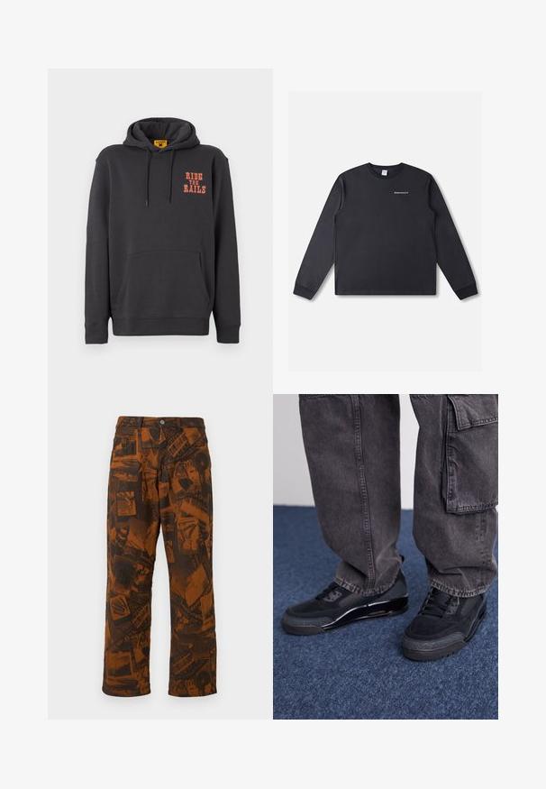 Grå hættetrøje med kængurulomme, snørehætte og orange "RIDE THE RAILS" tekst på brystet. Blødt stof med en glat tekstur.; Sort langærmet T-shirt lavet af bomuld. Har en rund halsudskæring og teksten "RHTHM PROJECTS" trykt i hvidt på forsiden.; Brune mønstrede bukser med et collage af mørke designs, flagrende benform, standard knap- og lynlåslukning samt fem-lomme stil.; Sorte sportsko med en struktureret overflade, glatte detaljer og en kraftig sål, der er parret med mørke, løstsiddende cargo-bukser.