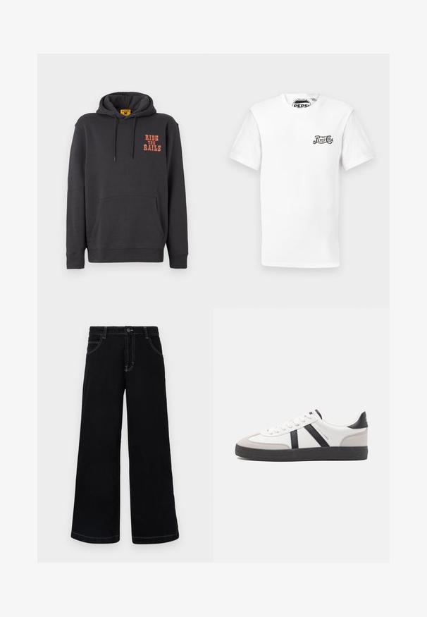 Grauer Hoodie mit einer Kängurutasche, Kapuze mit Kordelzug und orangefarbigem "RIDE THE RAILS"-Text auf der Brust. Weicher Stoff mit glatter Textur.; Weißes T-Shirt mit kurzer Ärmeln und Rundhalsausschnitt, mit kleinem schwarzen "Pepsi-Cola"-Logo auf der linken Brust und markiertem Halsband.; Schwarze weit geschnittene Jeanshose aus Denim, mit Knopfverschluss, fünf Taschen und kontrastierendem weißen Nähten entlang der Nähte.; Weiße Sneaker mit schwarz- und grau-aczenten, ausgestattet mit einer strukturierten grauen Zehenkappe, schwarzer Gummi-Sohle und flachen weißen Schnürsenkeln. Sauberes Design, minimalistische Stil.