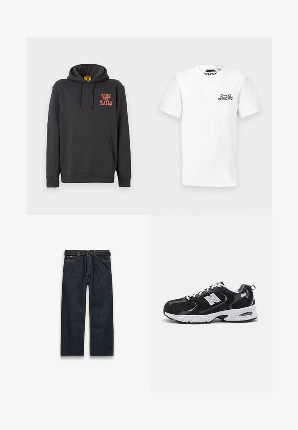 Grauer Hoodie mit einer Kängurutasche, Kapuze mit Kordelzug und orangefarbigem "RIDE THE RAILS"-Text auf der Brust. Weicher Stoff mit glatter Textur.; Weißes T-Shirt mit kurzer Ärmeln und Rundhalsausschnitt, mit kleinem schwarzen "Pepsi-Cola"-Logo auf der linken Brust und markiertem Halsband.; Dunkelblaue gerade geschnittene Jeans mit Gürtelschlaufen und einem schwarzen Gürtel, Vordertaschen und sichtbaren Nähten auf weißem Hintergrund.; Schwarze und graue Sportschuhe mit Obermaterial aus Mesh und Wildleder, ausgestattet mit einer weißen Zwischensohle, Schnürsenkeln und einem markanten "N"-Logo an der Seite.