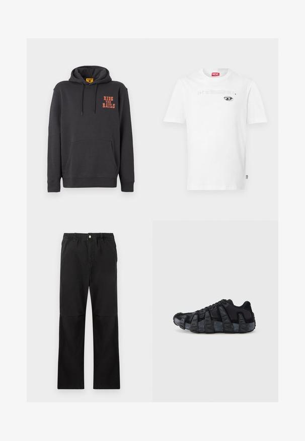 Sweat à capuche gris avec une poche kangourou, un cordon de serrage, et le texte orange "RIDE THE RAILS" sur la poitrine. Tissu doux avec une texture lisse.; T-shirt en coton blanc à col rond et manches courtes, avec un motif imprimé noir et le nom de la marque "DIESEL" centré au-dessus d'un dessin d'œil.; Pantalons noirs en coton avec une taille élastique, présentant une coupe droite, une texture lisse et sans accents ni motifs visibles.; Baskets noires avec semelle renforcée à nervures exagérées, design à lacets, dessus en textile mélangé et daim, vues de profil sur fond blanc.