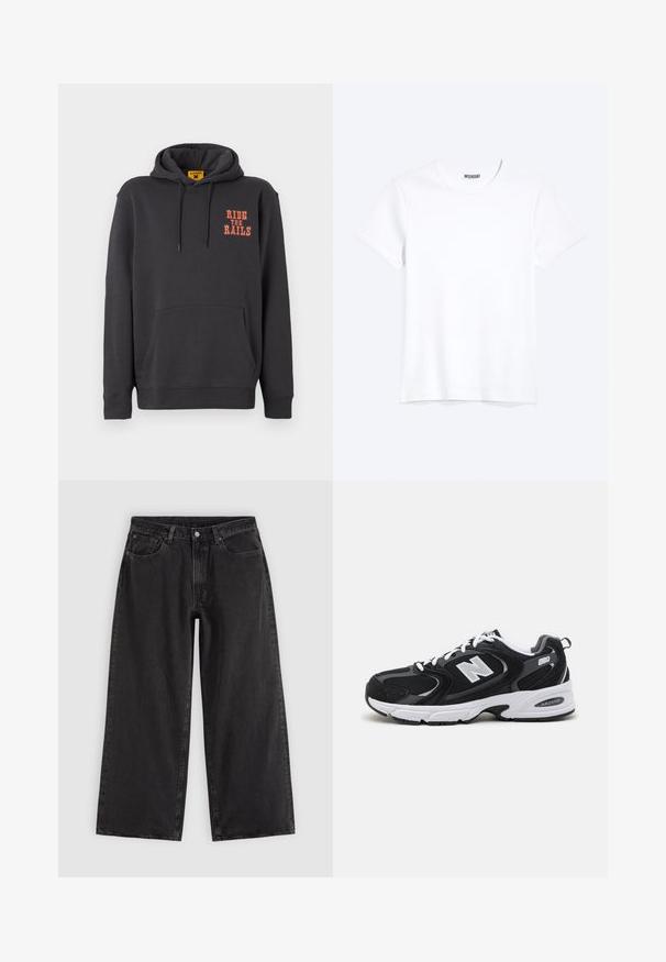 Grå hættetrøje med kængurulomme, snørehætte og orange "RIDE THE RAILS" tekst på brystet. Blødt stof med en glat tekstur.; Enkelt hvid T-shirt med korte ærmer og rund hals med synligt WEEKDAY-mærke i kraven, vist på en lys baggrund.; Sorte denim jeans med vide ben, forlommer, bæltestropper og knaplukning, vist på en ensfarvet lys baggrund.; Sorte og grå sportssko med mesh og ruskind på overdelen, der har en hvid mellemsål, snørebånd og et iøjnefaldende "N" logo på siden.