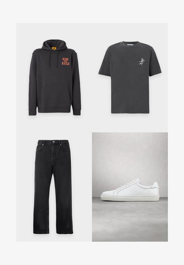Grijze hoodie met een kangoeroezak, een capuchon met trekkoord en oranje "RIDE THE RAILS" tekst op de borst. Zacht materiaal met een gladde textuur.; Donkergrijze t-shirt met korte mouwen van katoen, voorzien van een kleine witte bloem borduursel op het linkerbovenstuk. Ronde halslijn, relaxte pasvorm.; Zwarte rechttoe-rechtaan jeans met voorzakken, riemlussen en een knoopsluiting op een witte achtergrond.; Witte sneaker met een gladlederen bovenwerk en een laag profiel. Voorzien van een ronde neus, zes vetergaatjes en een gestructureerde rubberen zool.