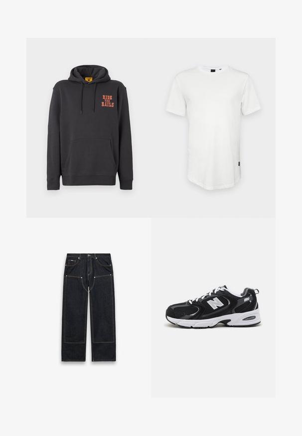 Grå hættetrøje med kængurulomme, snørehætte og orange "RIDE THE RAILS" tekst på brystet. Blødt stof med en glat tekstur.; Hvid kortærmet t-shirt lavet af bomuld, med rund halsudskæring og en let forlænget ryg, samt en lille logoaccent på siden.; Sorte denimjeans med lige ben, forstærkede knælapper, synlige gule sømme, lommer foran og bagpå samt knaplukning i taljen.; Sorte og grå sportssko med mesh og ruskind på overdelen, der har en hvid mellemsål, snørebånd og et iøjnefaldende "N" logo på siden.