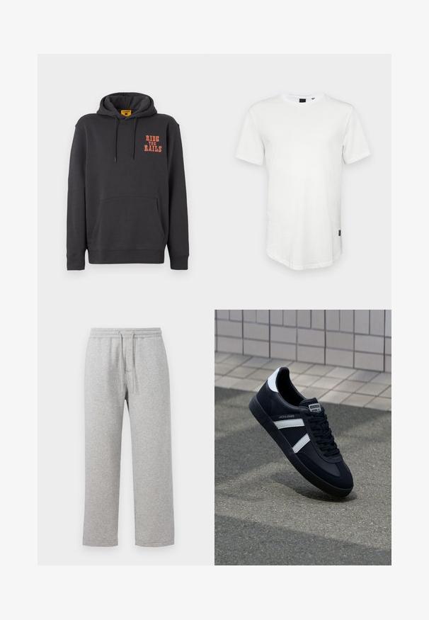 Grijze hoodie met een kangoeroezak, een capuchon met trekkoord en oranje "RIDE THE RAILS" tekst op de borst. Zacht materiaal met een gladde textuur.; Witte t-shirt met korte mouwen, gemaakt van katoen, met een ronde halslijn en een iets verlengde achterkant, voorzien van een klein logo-accent aan de zijkant.; Grijze katoenen sweatpants met een elastische tailleband en trekkoord. Rechtoe rechtaan pijpontwerp met gestikte zomen en geen zakken.; Zwarte leren sneaker met witte strepen, een gestructureerde rubberen zool en vetersluiting aan de voorkant. Voorzien van een merklabel op de tong.