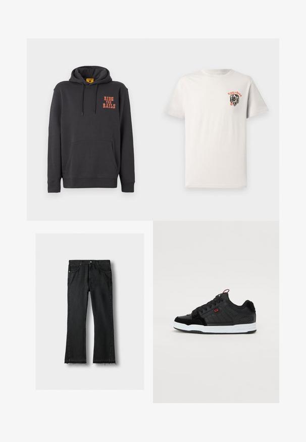 Grå hættetrøje med kængurulomme, snørehætte og orange "RIDE THE RAILS" tekst på brystet. Blødt stof med en glat tekstur.; Lys beige bomulds t-shirt med rund hals, korte ærmer og et sort hundegrafik med teksten "RIDE the RAILS" i orange.; Sorte denimjeans med lige ben, forlommer og rå, frynset kant, lagt fladt på en lys baggrund.; Sorte sneakers med en struktureret overdel i læder og syntetisk materiale, med en hvid gummisål, røde detaljer og perforerede sidepaneler.