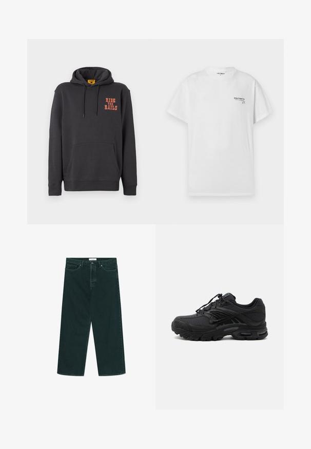 Grå hættetrøje med kængurulomme, snørehætte og orange "RIDE THE RAILS" tekst på brystet. Blødt stof med en glat tekstur.; Hvid kortærmet T-shirt lavet af bomuld med rund halsudskæring. Har et lille sort trykt logo på venstre bryst. Standard pasform.; Mørkegrønne vidde denimjeans med knap- og lynlås lukning, forlommer og bæltestropper, liggende fladt på en hvid baggrund.; Sort atletisk sneaker med tekstureret stof, tyk polstret sål, luftventiler og snørelukning, vist fra siden på en lys baggrund.